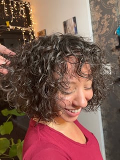 View Hair Length, Short Chin Length, Haircuts, Bangs, Curly, Bob, Layered, Women's Hair - Alexandra Feyjoo, Great Neck, NY