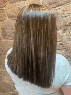 View Women's Hair, Brunette, Hairstyles, Straight, Haircuts, Blunt, Medium Length, Hair Length, Highlights, Color Correction, Hair Color - Becca Herforth, Douglassville, PA