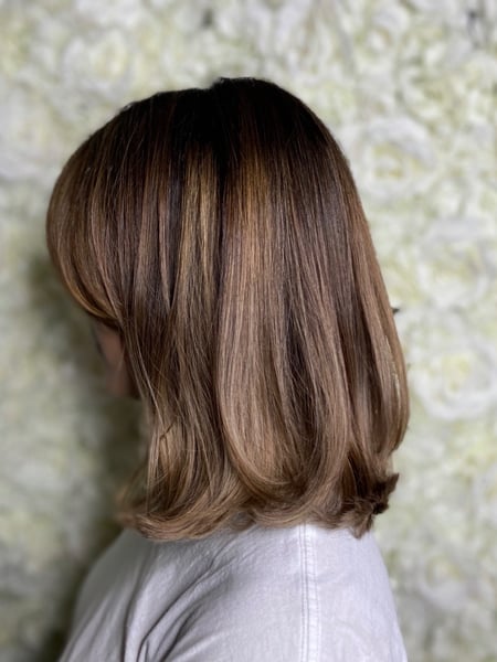 Image of  Women's Hair, Blowout, Hair Color, Balayage, Brunette, Foilayage, Highlights, Shoulder Length, Hair Length, Layered, Haircuts