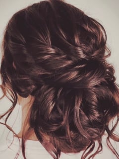 View Hair Color, Braid (Boho Chic), Women's Hair, Curls, Hairstyle, Bridal Hair, Hair Length, Long Hair (Upper Back Length), Brunette Hair - Jocelyn Emerson, Chardon, OH