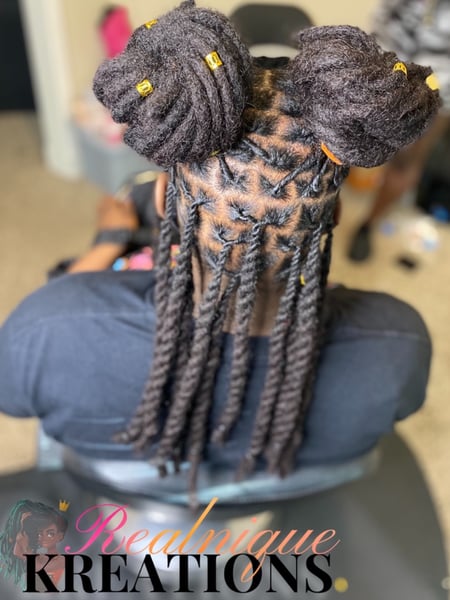 Image of  Kid's Hair, Girls, Haircut, Locs, Hairstyle, Protective Styles, Updo