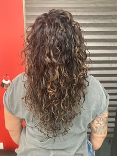 View Highlights, Hairstyle, Curls, Layers, Curly, Coily, Haircut, Long Hair (Upper Back Length), Hair Length, Hair Color, Women's Hair - Kate Michaels, Lakewood, OH