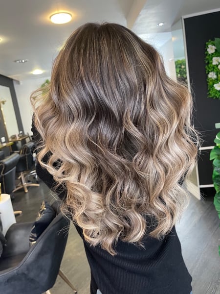Image of  Women's Hair, Blowout, Hair Color, Balayage, Blonde, Brunette, Color Correction, Fashion Color, Foilayage, Full Color, Highlights, Ombré, Long, Hair Length, Bangs, Haircuts, Curly, Layered, Blunt, Beachy Waves, Hairstyles