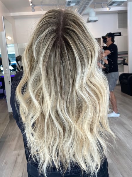 Image of  Women's Hair, Balayage, Hair Color, Blowout, Blonde, Color Correction, Fashion Color, Foilayage, Full Color, Highlights, Ombré, Hair Length, Long, Curly, Haircuts, Hairstyles, Beachy Waves, Natural
