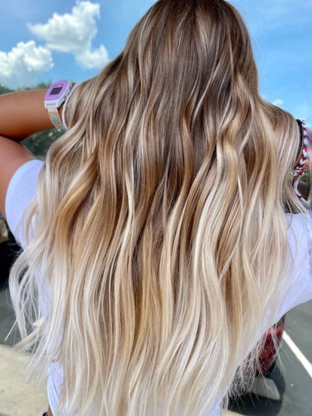 Image of  Women's Hair, Blowout, Hair Color, Balayage, Blonde, Foilayage, Highlights, Hair Length, Long, Haircuts, Blunt, Layered, Beachy Waves, Hairstyles, Curly