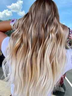 View Women's Hair, Curls, Hairstyle, Beachy Waves, Layers, Blunt (Women's Haircut), Haircut, Long Hair (Mid Back Length), Hair Length, Highlights, Foilayage, Blonde, Balayage, Hair Color, Blowout - Ashley Blevins, Oviedo, FL