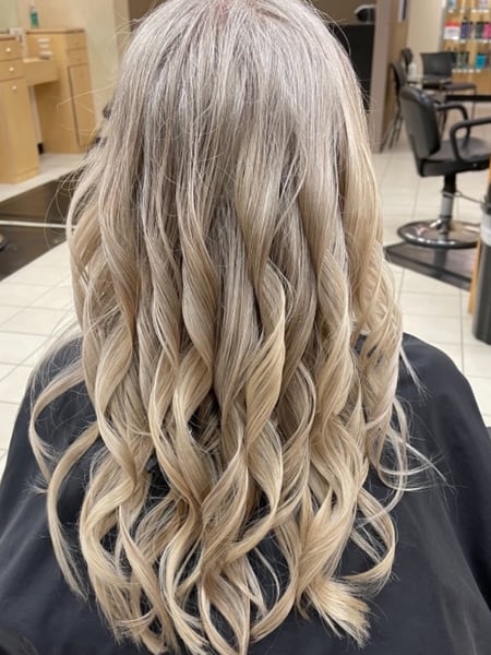 Image of  Women's Hair, Balayage, Hair Color, Blonde, Color Correction, Foilayage, Silver, Long, Hair Length, Layered, Haircuts, Beachy Waves, Hairstyles, Curly, Hair Restoration