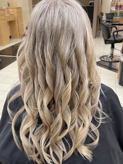 View Hair Restoration, Curly, Hairstyles, Beachy Waves, Haircuts, Layered, Hair Length, Long, Silver, Foilayage, Color Correction, Blonde, Hair Color, Balayage, Women's Hair - Jessica Bundy, Houston, TX