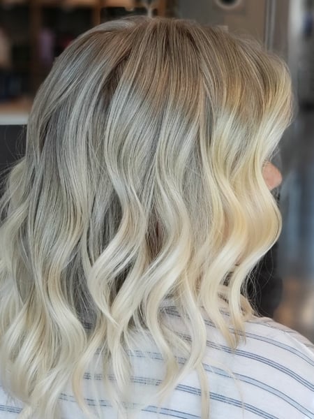 Image of  Women's Hair, Balayage, Hair Color, Blonde, Color Correction, Foilayage, Highlights, Hair Length, Shoulder Length, Layered, Haircuts, Beachy Waves, Hairstyles, Curly