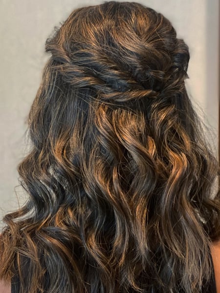 Image of  Hairstyles, Women's Hair, Updo, Boho Chic Braid, Beachy Waves, Curly, Protective, Bridal, Brunette, Hair Color