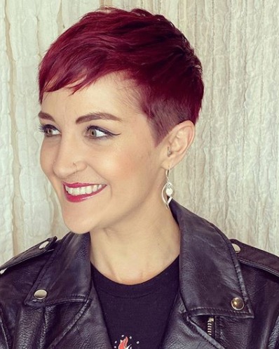 Image of  Women's Hair, Fashion Color, Hair Color, Red, Pixie, Short Ear Length, Blunt, Haircuts, Straight, Hairstyles