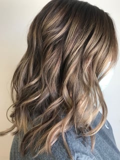 View Balayage, Ombré, Blonde, Color Correction, Full Color, Hair Color, Highlights, Curly, Beachy Waves, Hairstyles, Layered, Women's Hair, Haircuts, Hair Length, Medium Length, Foilayage, Brunette - Erin Hall, Tulsa, OK