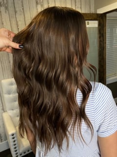 View Brunette Hair, Hairstyle, Beachy Waves, Long Hair (Upper Back Length), Hair Length, Color Correction, Hair Color, Women's Hair - Kenzie Erikson, Rexburg, ID