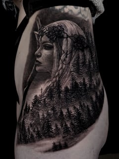 View Hip, Tattoos, Tattoo Style, Tattoo Bodypart, 3D, Black & Grey, Portrait, Realism - Etgar Oak, Massapequa, NY