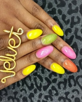 Image of  Nails, Green, Nail Color, Pastel, Pink, Yellow, Orange, Dip Powder, Nail Finish, Medium, Nail Length, Almond, Nail Shape, Accent Nail, Nail Style, Mix-and-Match