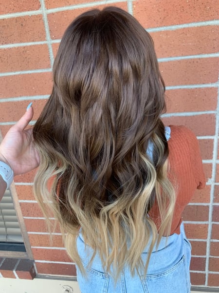 Image of  Long, Hair Length, Women's Hair, Blowout, Hairstyles, Hair Extensions, Curly, Weave, Beachy Waves, Layered, Haircuts, Keratin, Permanent Hair Straightening, Brunette, Hair Color, Highlights, Full Color, Color Correction, Ombré, Blonde, Balayage
