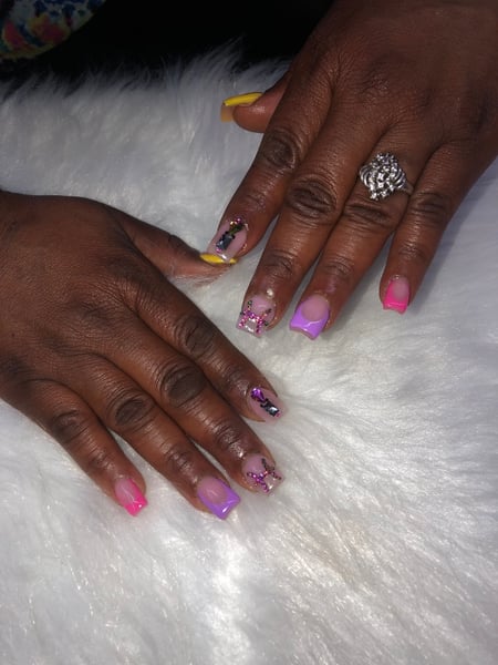 Image of  Nails, Acrylic, Yellow, Purple, Pink, Hand Painted, Nail Style, Nail Color, Nail Jewels, Nail Length, French Manicure, Nail Finish, Short, Nail Shape, Square