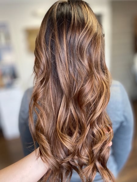 Image of  Women's Hair, Balayage, Hair Color, Brunette, Foilayage, Full Color, Long, Hair Length, Layered, Haircuts, Beachy Waves, Hairstyles