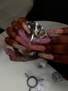 View Long, Nails, 3D, Nail Style, Nail Jewels, Ombré, Nail Art, Yellow, Nail Color, Neon, Blue, Light Green, Pink, Purple, Beige, Acrylic, Nail Finish, Coffin, Nail Shape - Kemi Oduneye, Merrillville, IN