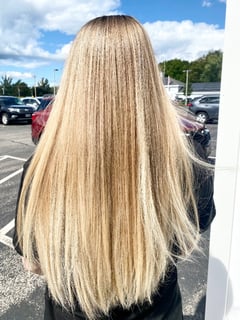 View Layered, Hair Length, Long, Blonde, Hair Color, Foilayage, Hairstyles, Straight, Blowout, Women's Hair, Haircuts - Sarah Ball, North Hampton, NH