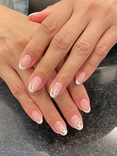 Image of  Nails, Nail Finish, Acrylic, Short, Nail Length, Beige, Nail Color, White, Hand Painted, Nail Style, Nail Art, Almond, Nail Shape, Arrowhead, Oval, Stiletto, Square, Squoval, Treatment