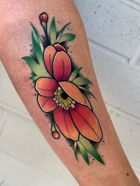 Image of  Tattoos, Tattoo Style, Tattoo Bodypart, Tattoo Colors, Aesthetic, Japanese, Neo Traditional, Forearm , Light Green, Green , Orange , White , Yellow 