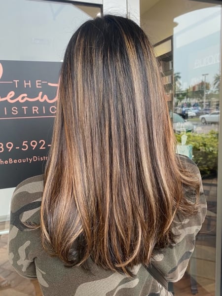 Image of  Women's Hair, Blowout, Hair Color, Blonde, Brunette, Color Correction, Foilayage, Highlights, Ombré, Long, Hair Length, Blunt, Haircuts, Straight, Hairstyles
