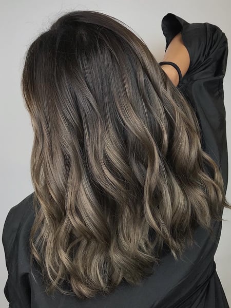 Image of  Women's Hair, Balayage, Hair Color, Brunette, Foilayage, Highlights, Ombré, Shoulder Length, Hair Length, Layered, Haircuts, Beachy Waves, Hairstyles