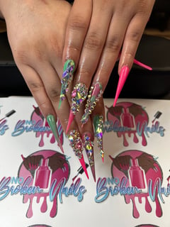 View Pink, Nail Style, Jeweled, XL, XXL, Nail Length, Nails, Nail Shape, Stiletto, Light Green, Nail Color - Jazmin Warren, Atlanta, GA