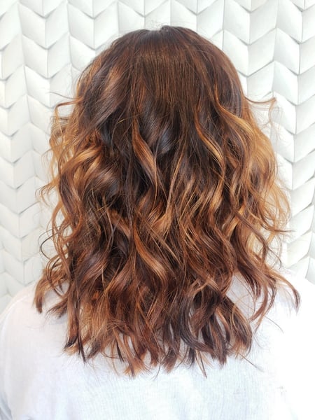 Image of  Women's Hair, Hair Color, Balayage, Brunette, Shoulder Length, Hair Length, Layered, Haircuts, Curly, Hairstyles