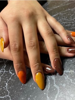 View Acrylic, Nail Shape, Almond, Nail Style, Mix-and-Match, Orange, Yellow, Nail Color, Brown, Nail Length, Medium, Gel, Nail Finish, Nails - Grace Thomsen, West Des Moines, IA