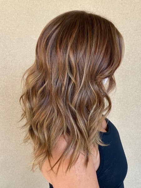 Image of  Layered, Haircuts, Women's Hair, Blowout, Beachy Waves, Hairstyles, Brunette, Hair Color, Foilayage, Highlights, Full Color