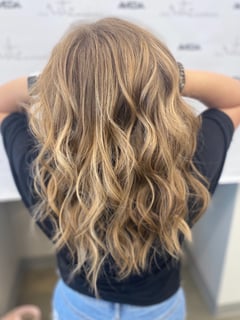 View Hair Color, Hairstyle, Beachy Waves, Foilayage, Blonde, Women's Hair - Sarajean Cape, Lake Charles, LA