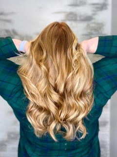 View Women's Hair, Hairstyle, Curls, Haircut, Layers, Hair Length, Long Hair (Mid Back Length), Foilayage, Red, Blonde, Hair Color, Balayage - Rachel Parr, Bedford, NH