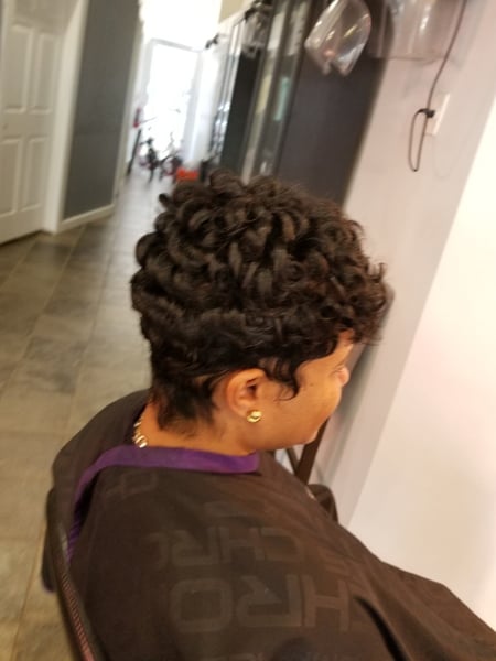 Image of  Women's Hair, Black, Hair Color, Pixie, Short Ear Length, Curly, Hairstyles, Perm Relaxer, Perm