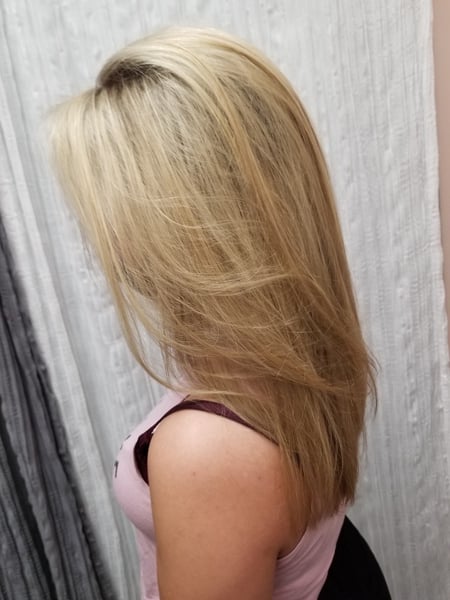 Image of  Haircuts, Blonde, Blowout, Long, Hairstyles, Women's Hair, Hair Color, Highlights, Hair Length, Blunt, Scalp Treatment, Hair Treatment/Restoration