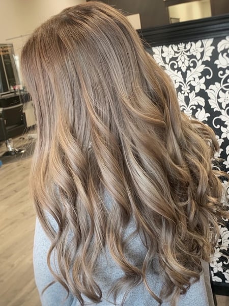 Image of  Women's Hair, Balayage, Hair Color, Blowout, Blonde, Brunette, Color Correction, Foilayage, Full Color, Highlights, Red, Medium Length, Hair Length, Long, Curly, Haircuts, Layered, Blunt, Hairstyles, Beachy Waves