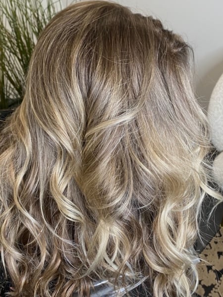 Image of  Women's Hair, Hair Color, Balayage, Blonde, Brunette, Foilayage, Full Color, Highlights, Medium Length, Hair Length, Long, Haircuts, Layered, Hairstyles, Curly, Beachy Waves