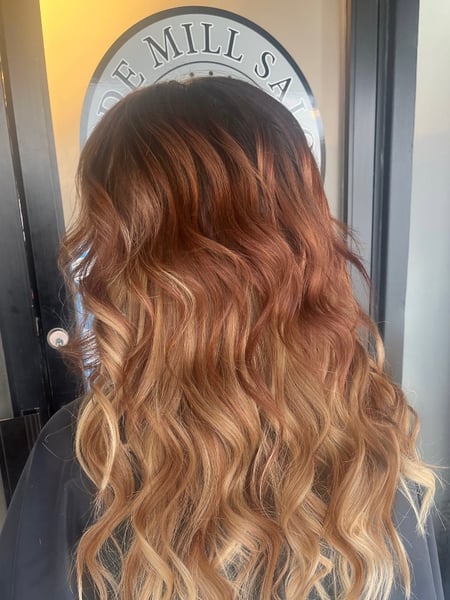 Image of  Red, Ombré, Blonde, Balayage, Women's Hair, Hair Color, Hair Extensions, Sew-In 