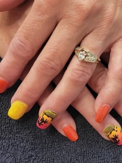 View Nail Art, Nails, Nail Finish, Gel, Medium, Nail Length, Orange, Nail Color, Nail Style, Accent Nail, Mix-and-Match, Stamps, Nail Shape, Coffin, Squoval - Kalie Gourley, Lewiston, ID