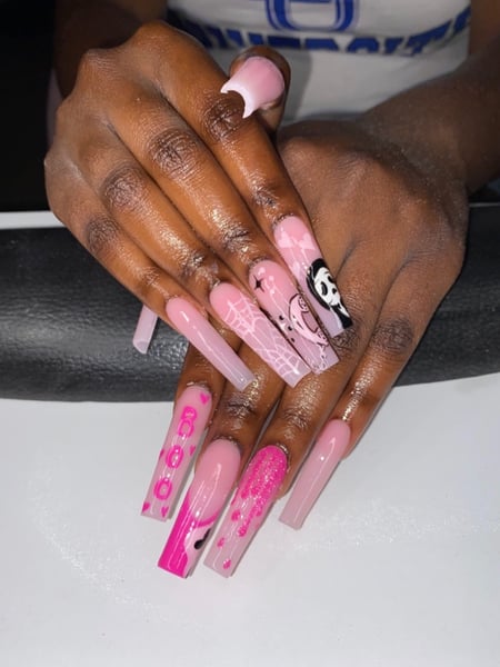 Image of  Nails, Acrylic, Nail Finish, XL, Nail Length, Black, Nail Color, Glitter, Pink, White, Hand Painted, Nail Style, French Manicure, Nail Art, Square, Nail Shape