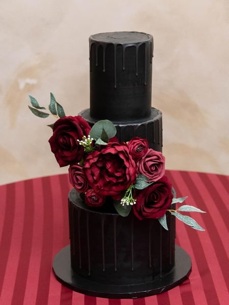 Image of  Cakes, Occasion, Wedding Cake, Color, Black, Icing Type, Buttercream, Ganache, Cream Cheese, Shape, Tiered, Round, Theme, Floral