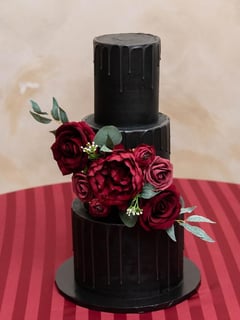 View Cakes, Occasion, Wedding Cake, Color, Black, Icing Type, Buttercream, Ganache, Cream Cheese, Shape, Tiered, Round, Theme, Floral - Danielle Sachs, Salt Lake City, UT