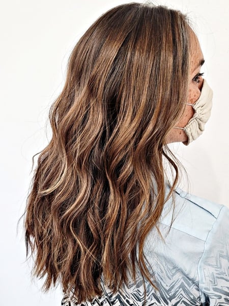 Image of  Women's Hair, Hair Color, Balayage, Brunette, Foilayage, Blowout, Hair Length, Medium Length, Haircuts, Layered, Hairstyles, Beachy Waves