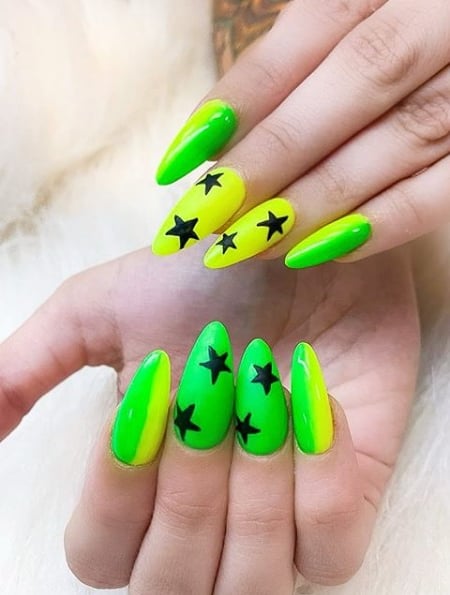 Image of  Nails, Manicure, Black, Nail Color, Green, Light Green, Yellow, Acrylic, Nail Finish, Gel, Medium, Nail Length, Nail Shape, Round, Stiletto, Nail Art, Nail Style