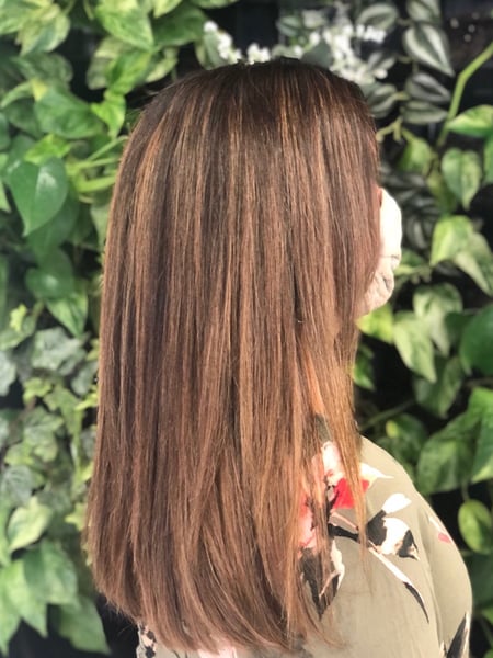 Image of  Women's Hair, Blowout, Hair Color, Balayage, Brunette, Foilayage, Full Color, Highlights, Medium Length, Hair Length, Layered, Haircuts, Straight, Hairstyles