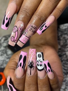 View Nails, Nail Finish, Acrylic, Gel, Long, Nail Length, Nail Color, Beige, Black, Pink, Accent Nail, Nail Style, Hand Painted, Nail Art - Mary Nguyen, Martinez, GA