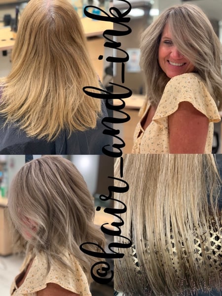 Image of  Women's Hair, Blowout, Hair Color, Highlights, Medium Length, Hair Length, Layered, Haircuts, Beachy Waves, Hairstyles, Curly
