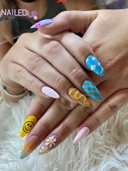Image of  Nails, Beige, Nail Color, Blue, Yellow, Pink, Hand Painted, Nail Style, Nail Art, Almond, Nail Shape, Medium, Nail Length