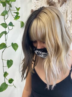 View Women's Hair, Hair Color, Brunette, Black, Blonde, Fashion Color, Highlights, Full Color, Shoulder Length, Hair Length, Short Chin Length, Bangs, Haircuts, Blunt, Beachy Waves, Hairstyles - Nicolette Gilman, San Diego, CA